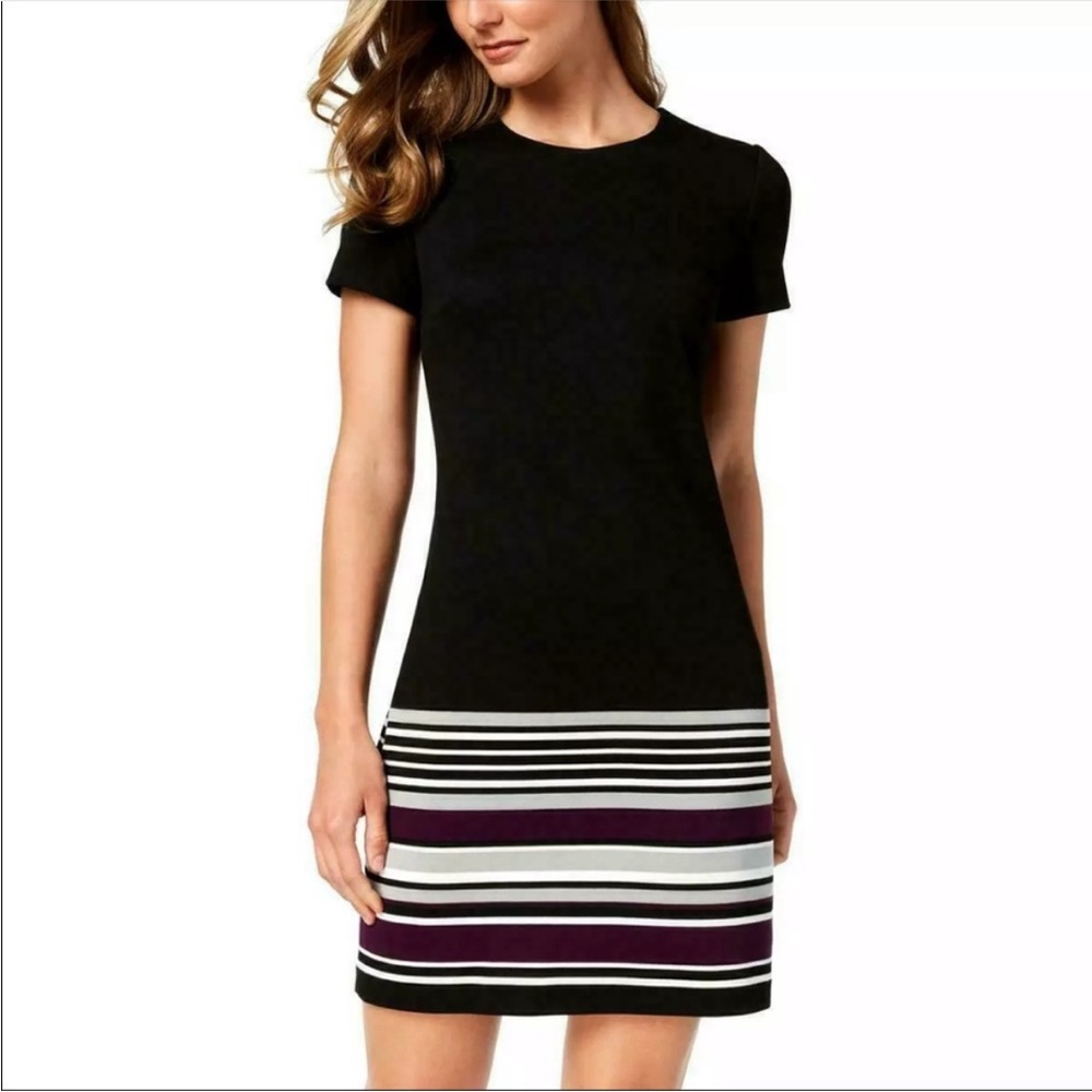 Calvin Klein Dress Crewneck Black Gold Zipper Purple White Stripes Knee Sz 12
